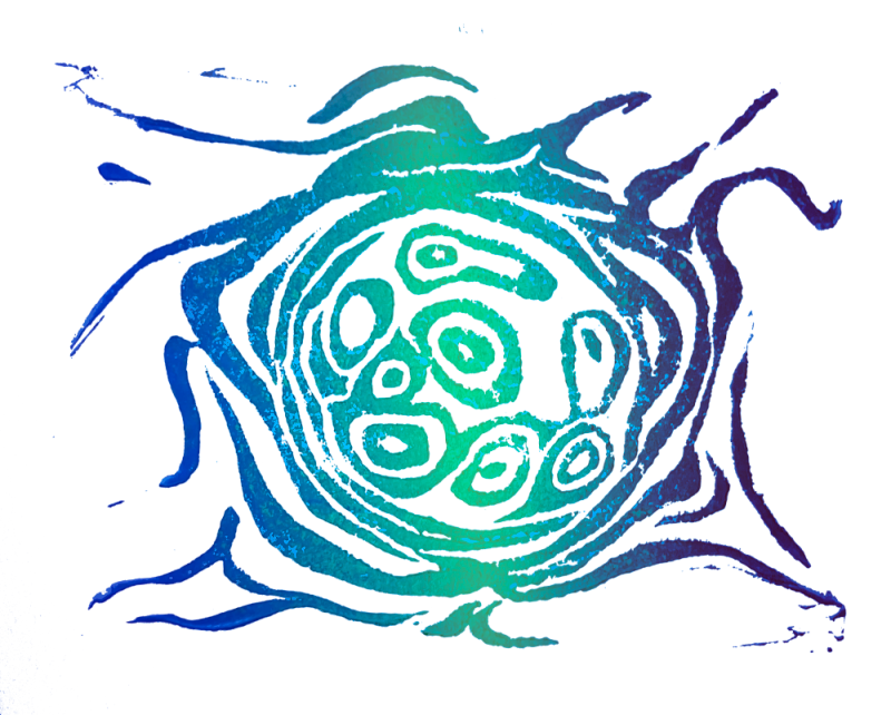 A sparkly print of a stylized cellular sun